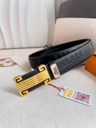 1:1  Hermes Black Leather Belt with Gold 'H' buckle  Buckle  3.8cm